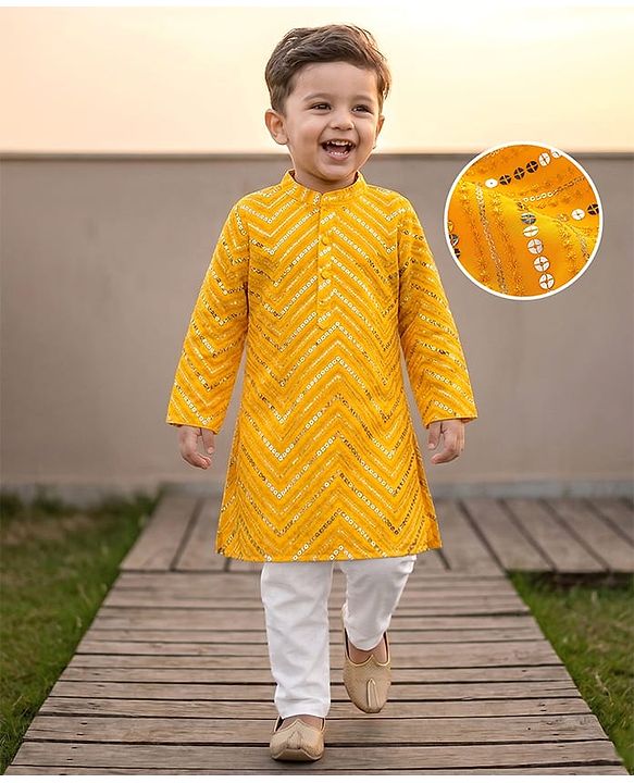 Babyhug Woven Full Sleeves Sequined Embroidered Kurta & Pyjama Set - Yellow