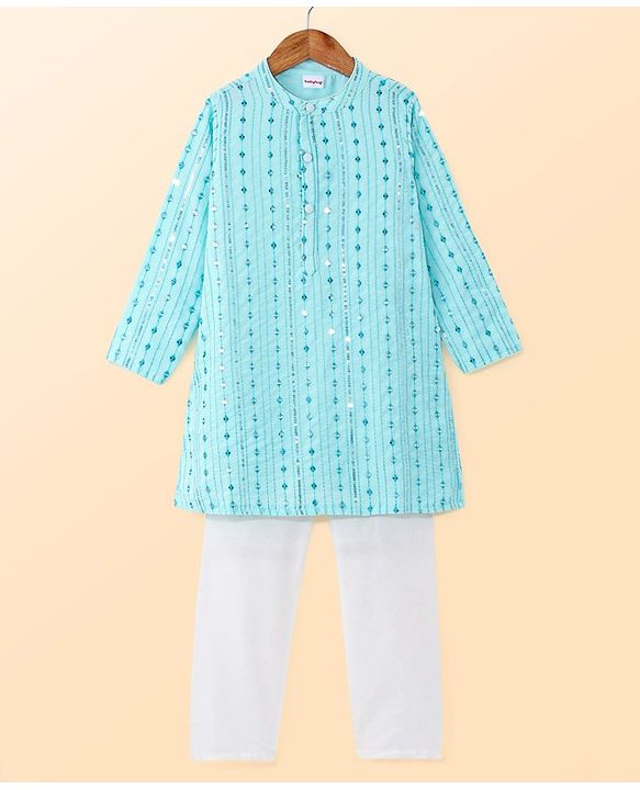 Babyhug Woven Full Sleeves Sequined & Mirror Work Embroidered Kutra Pyjama Set - Blue