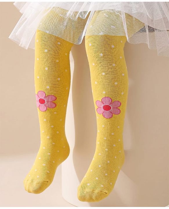 Cute Walk by Babyhug Knitted Antibacterial Footed Tights Floral Design - Yellow