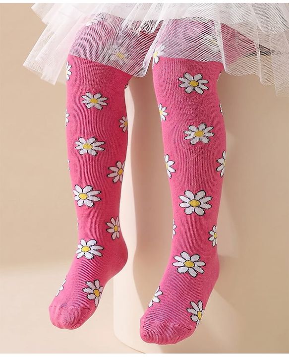 Cute Walk by Babyhug Knitted Antibacterial Footed Tights Floral Design - Pink