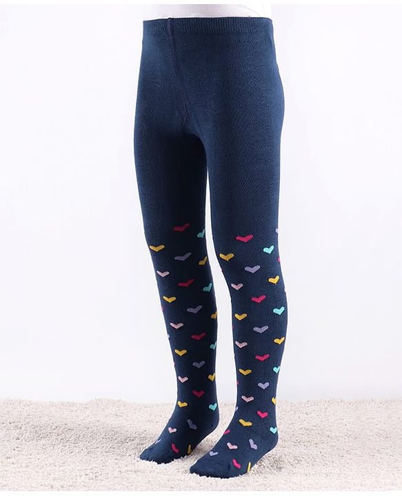 Cute Walk by Babyhug Knit Antibacterial  Footed Tights Heart Design - Navy Blue