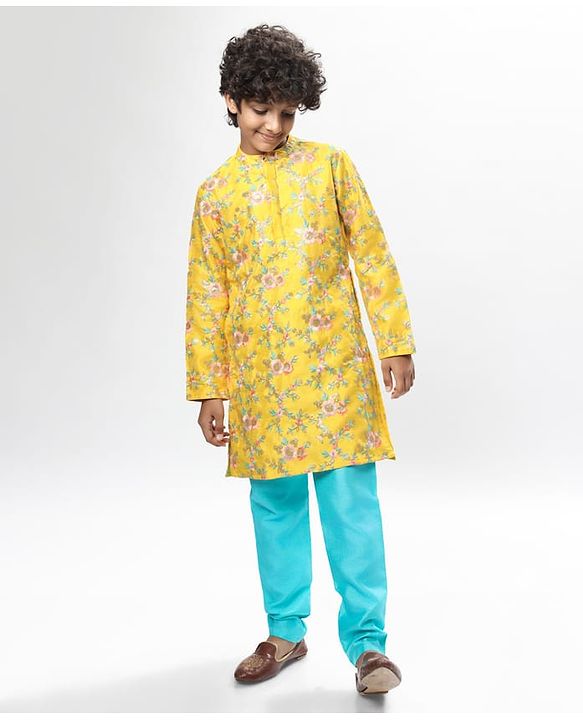 Pine Kids Woven Full Sleeves Kurta Pyjama Set with Floral Embroidery - Yellow