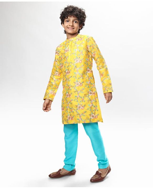 Pine Kids Woven Full Sleeves Kurta Pyjama Set with Floral Embroidery - Yellow