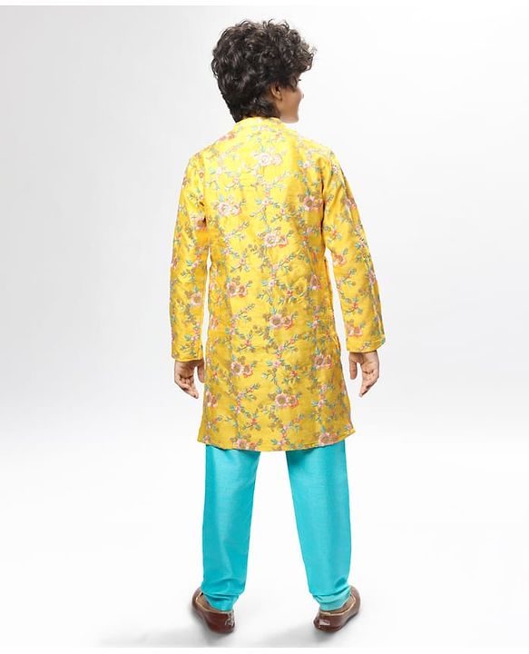 Pine Kids Woven Full Sleeves Kurta Pyjama Set with Floral Embroidery - Yellow