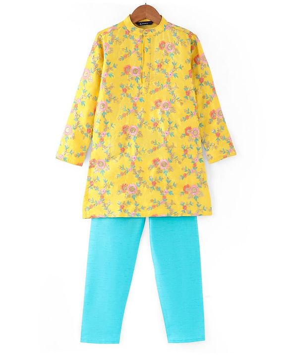 Pine Kids Woven Full Sleeves Kurta Pyjama Set with Floral Embroidery - Yellow