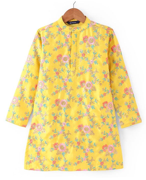 Pine Kids Woven Full Sleeves Kurta Pyjama Set with Floral Embroidery - Yellow