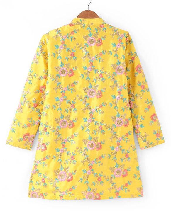 Pine Kids Woven Full Sleeves Kurta Pyjama Set with Floral Embroidery - Yellow