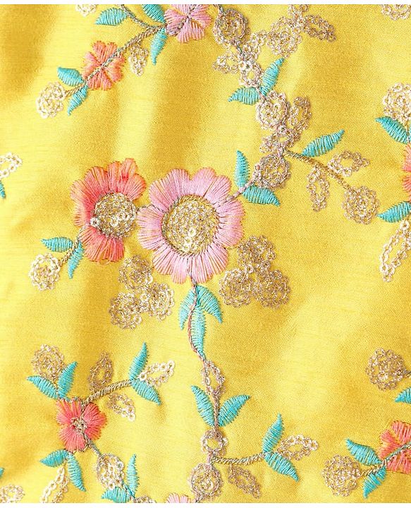 Pine Kids Woven Full Sleeves Kurta Pyjama Set with Floral Embroidery - Yellow