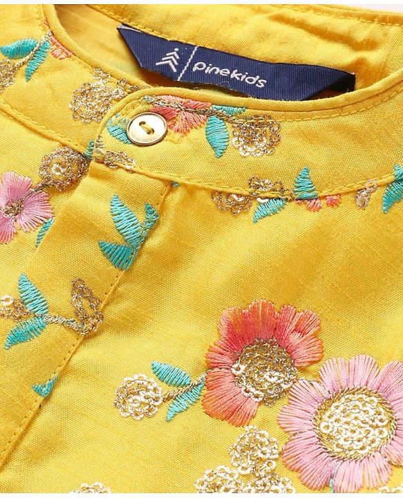 Pine Kids Woven Full Sleeves Kurta Pyjama Set with Floral Embroidery - Yellow
