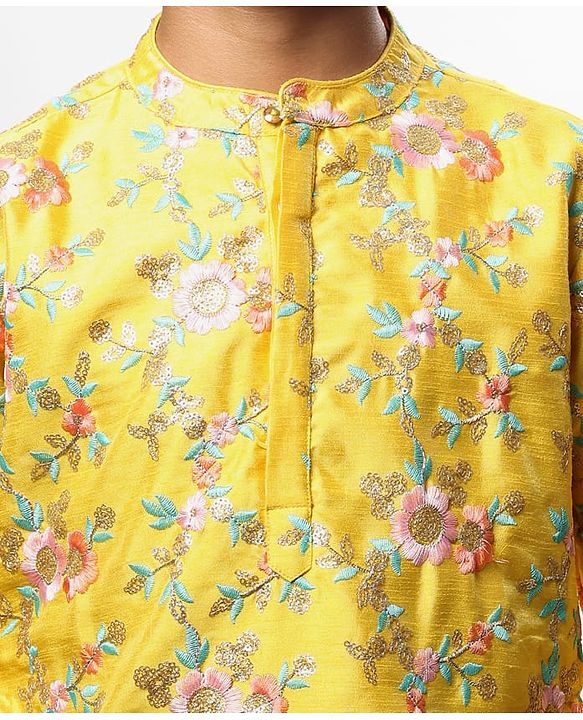 Pine Kids Woven Full Sleeves Kurta Pyjama Set with Floral Embroidery - Yellow