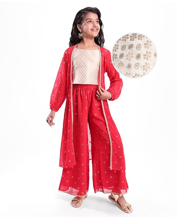 Pine Kids Woven Georgette Foil Printed Top and Pallazzo with Full Sleeve Shrug - Red