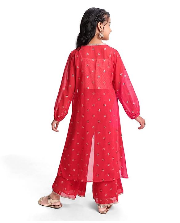 Pine Kids Woven Georgette Foil Printed Top and Pallazzo with Full Sleeve Shrug - Red