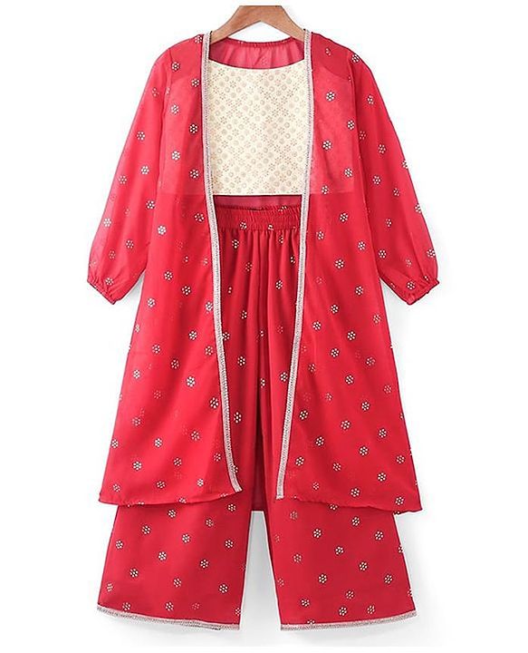 Pine Kids Woven Georgette Foil Printed Top and Pallazzo with Full Sleeve Shrug - Red