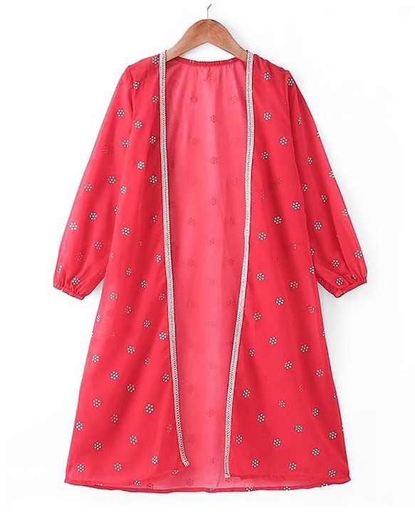 Pine Kids Woven Georgette Foil Printed Top and Pallazzo with Full Sleeve Shrug - Red