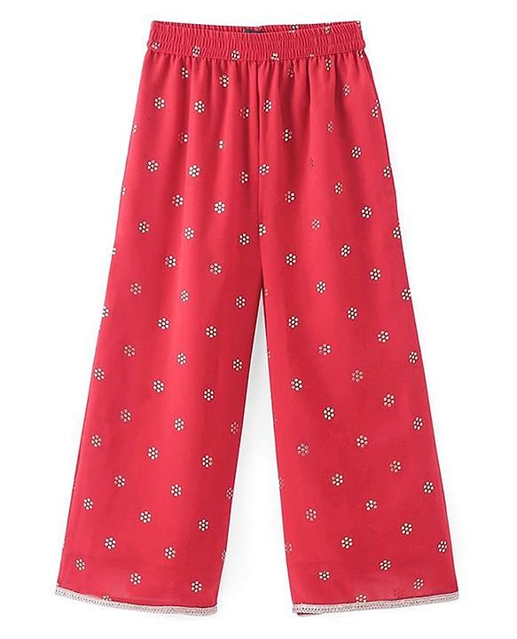 Pine Kids Woven Georgette Foil Printed Top and Pallazzo with Full Sleeve Shrug - Red