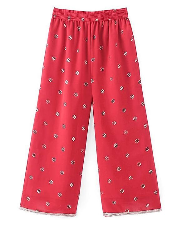 Pine Kids Woven Georgette Foil Printed Top and Pallazzo with Full Sleeve Shrug - Red