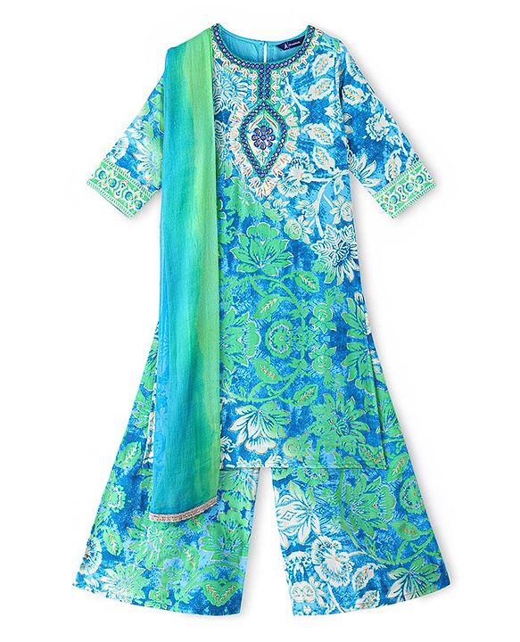 Pine Kids Three Fourth Sleeves Floral Printed Kurta with Mirror Embroidery  & Palazzo Set with Dupatta - Teal Blue