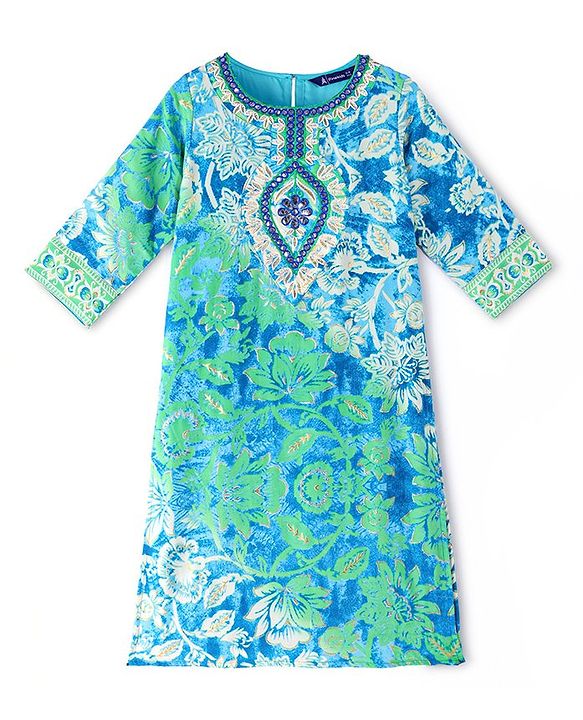 Pine Kids Three Fourth Sleeves Floral Printed Kurta with Mirror Embroidery  & Palazzo Set with Dupatta - Teal Blue