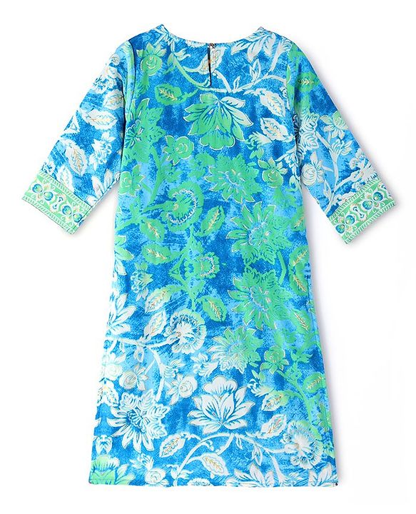 Pine Kids Three Fourth Sleeves Floral Printed Kurta with Mirror Embroidery  & Palazzo Set with Dupatta - Teal Blue