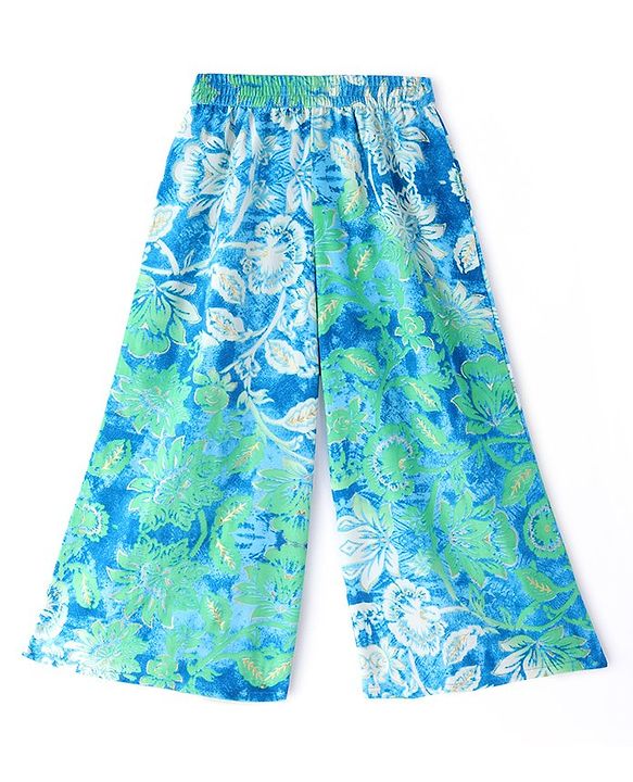 Pine Kids Three Fourth Sleeves Floral Printed Kurta with Mirror Embroidery  & Palazzo Set with Dupatta - Teal Blue