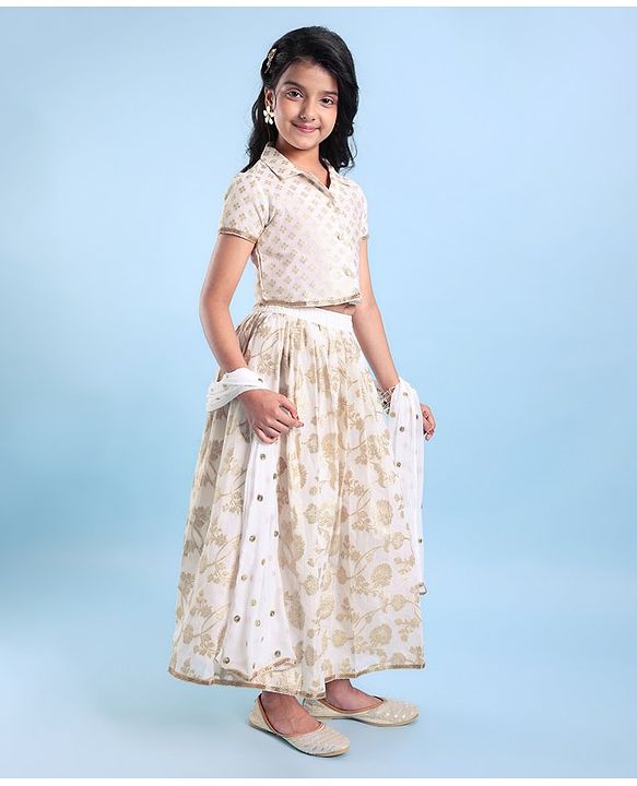 Pine Kids Woven Brocade Half Sleeves Collar Neck Choli with Lehenga & Dupatta - White