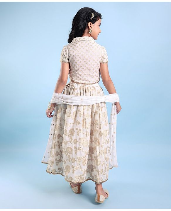 Pine Kids Woven Brocade Half Sleeves Collar Neck Choli with Lehenga & Dupatta - White