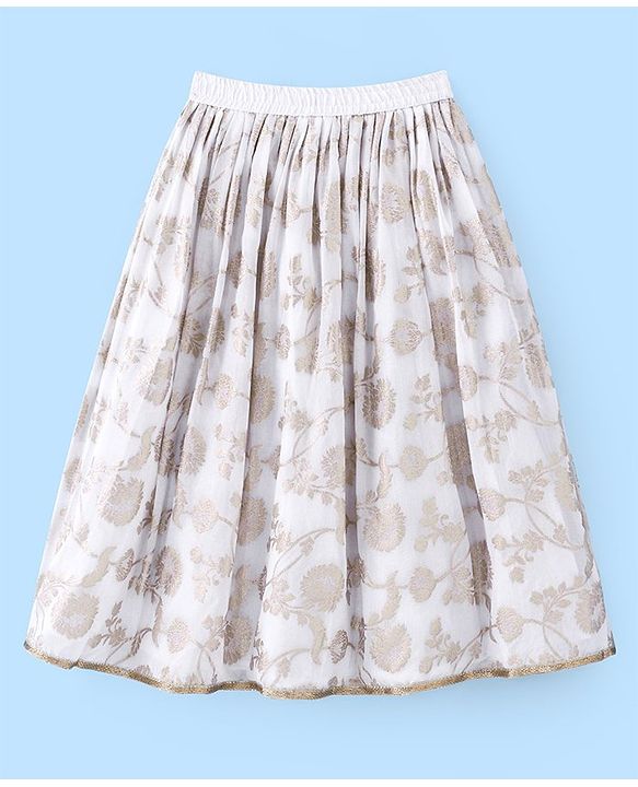 Pine Kids Woven Brocade Half Sleeves Collar Neck Choli with Lehenga & Dupatta - White