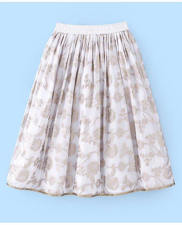 Pine Kids Woven Brocade Half Sleeves Collar Neck Choli with Lehenga & Dupatta - White