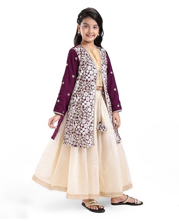 Pine Kids Sequined Floral Embroidered Choli Lehenga Set with Full Sleeves  Jacket - Purple