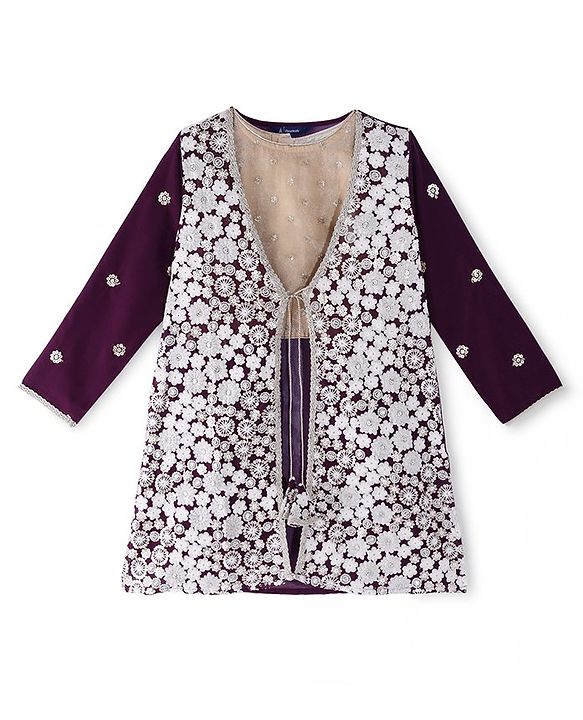 Pine Kids Sequined Floral Embroidered Choli Lehenga Set with Full Sleeves  Jacket - Purple