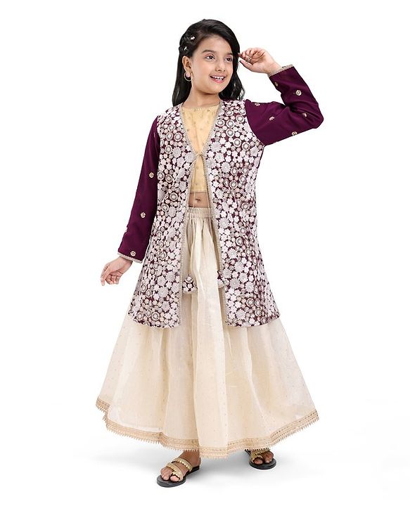 Pine Kids Sequined Floral Embroidered Choli Lehenga Set with Full Sleeves  Jacket - Purple