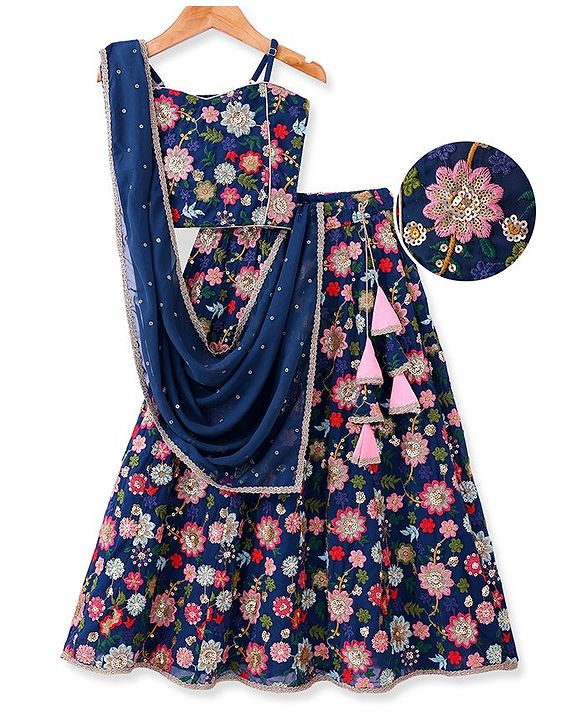 Pine Kids Woven Sleeveless Floral Sequin Embroidered Choli Lehenga & Dupatta Set with Tassle Detailing - Navy Blue