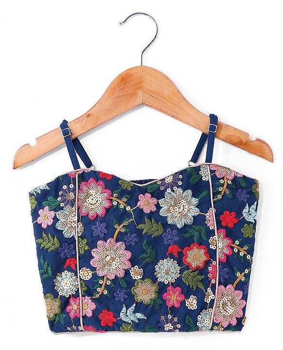 Pine Kids Woven Sleeveless Floral Sequin Embroidered Choli Lehenga & Dupatta Set with Tassle Detailing - Navy Blue