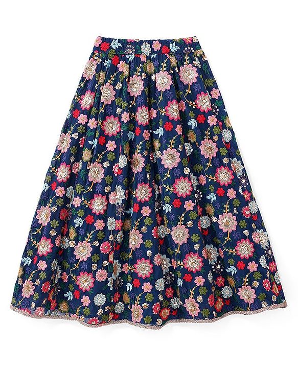 Pine Kids Woven Sleeveless Floral Sequin Embroidered Choli Lehenga & Dupatta Set with Tassle Detailing - Navy Blue