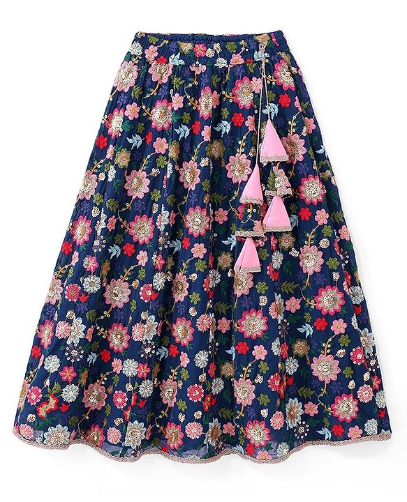 Pine Kids Woven Sleeveless Floral Sequin Embroidered Choli Lehenga & Dupatta Set with Tassle Detailing - Navy Blue