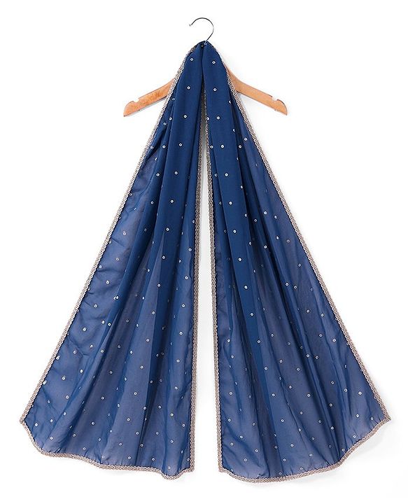 Pine Kids Woven Sleeveless Floral Sequin Embroidered Choli Lehenga & Dupatta Set with Tassle Detailing - Navy Blue