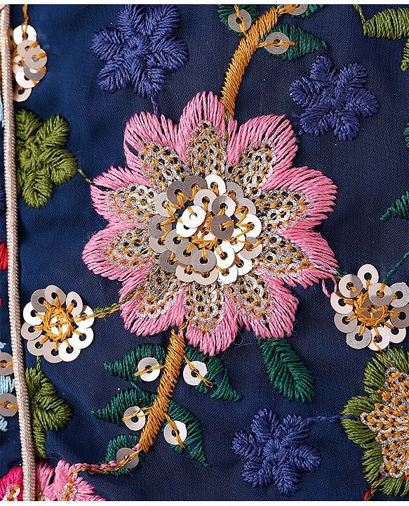 Pine Kids Woven Sleeveless Floral Sequin Embroidered Choli Lehenga & Dupatta Set with Tassle Detailing - Navy Blue