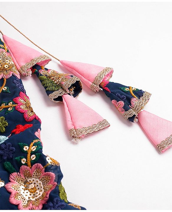 Pine Kids Woven Sleeveless Floral Sequin Embroidered Choli Lehenga & Dupatta Set with Tassle Detailing - Navy Blue