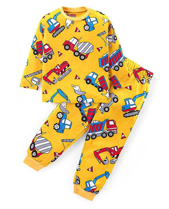 Babyhug Cotton Knit Full Sleeves Night Suit With Construction Vehicles Print - Yellow