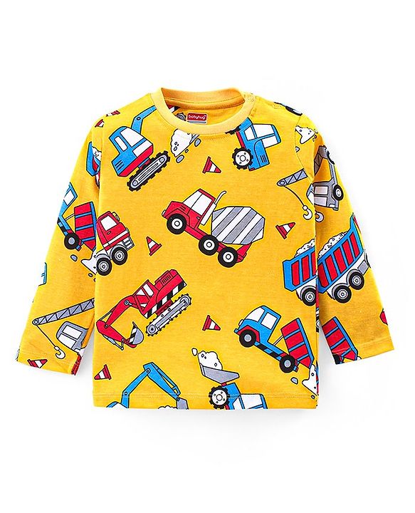 Babyhug Cotton Knit Full Sleeves Night Suit With Construction Vehicles Print - Yellow