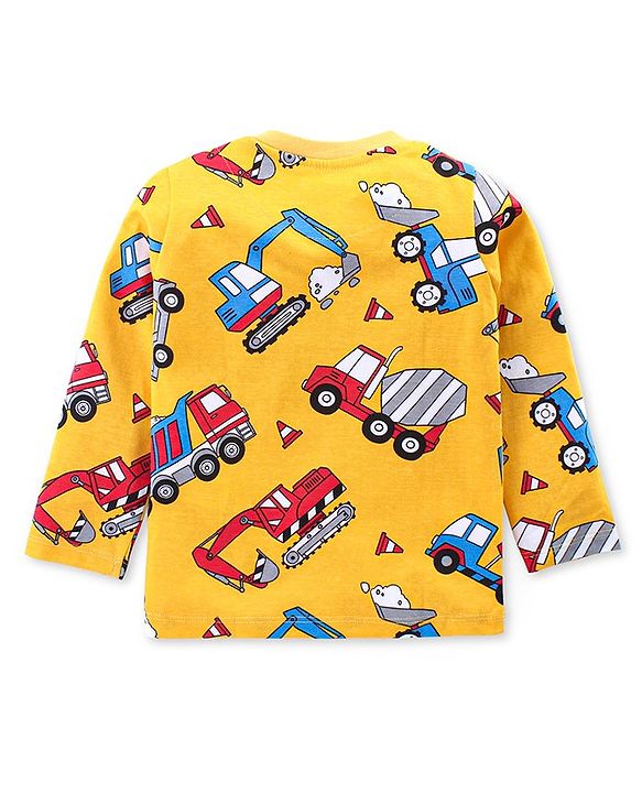 Babyhug Cotton Knit Full Sleeves Night Suit With Construction Vehicles Print - Yellow