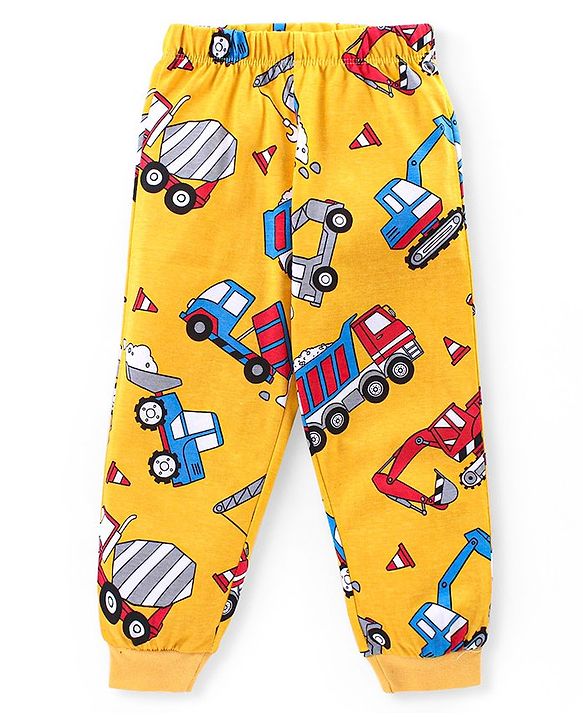 Babyhug Cotton Knit Full Sleeves Night Suit With Construction Vehicles Print - Yellow