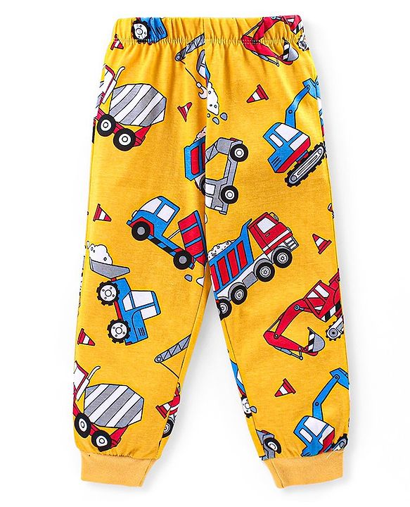 Babyhug Cotton Knit Full Sleeves Night Suit With Construction Vehicles Print - Yellow