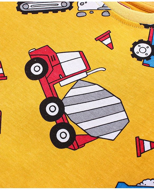 Babyhug Cotton Knit Full Sleeves Night Suit With Construction Vehicles Print - Yellow