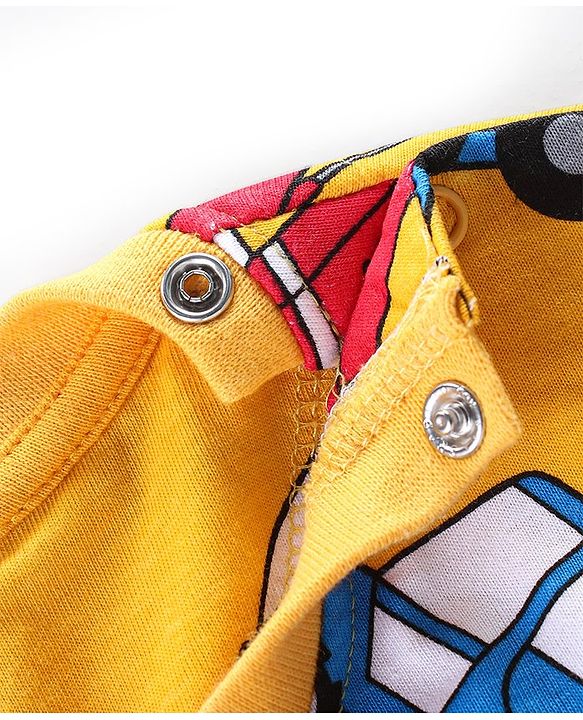 Babyhug Cotton Knit Full Sleeves Night Suit With Construction Vehicles Print - Yellow