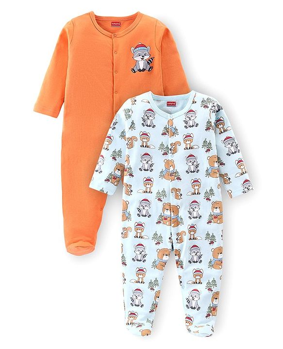 Babyhug Cotton Knit Full Sleeves Sleep Suits With Animal Print Pack Of 2 - Orange & Blue