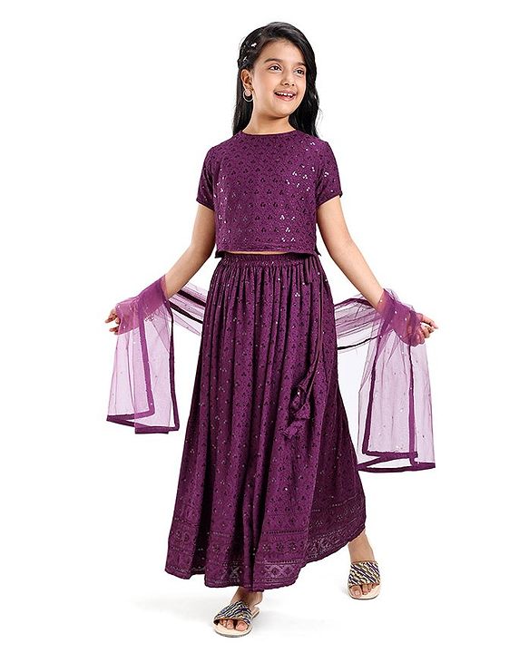 Pine Kids Woven Half Sleeves Sequinned Choli Lehenga Set with Dupatta - Wine