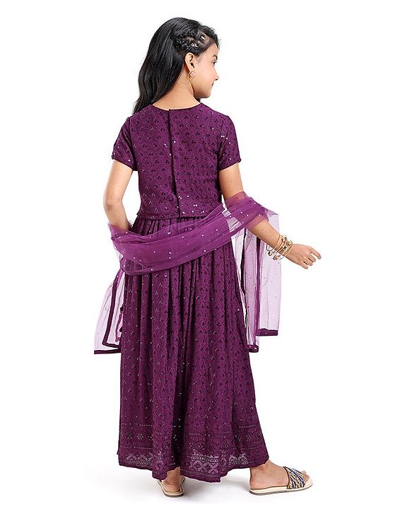 Pine Kids Woven Half Sleeves Sequinned Choli Lehenga Set with Dupatta - Wine