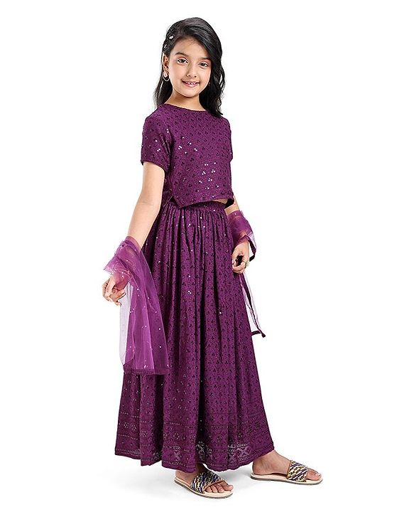 Pine Kids Woven Half Sleeves Sequinned Choli Lehenga Set with Dupatta - Wine