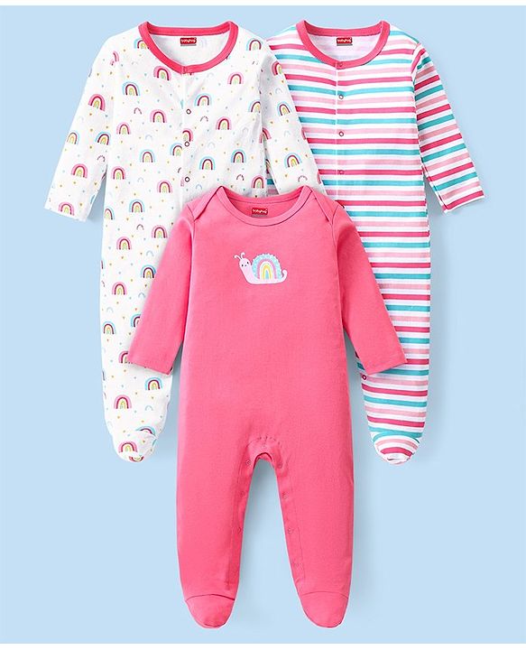 Babyhug 100% Cotton Interlock Knit Full Sleeves Striped & Rainbow Printed Sleep Suits Pack Of 3 - Pink & White